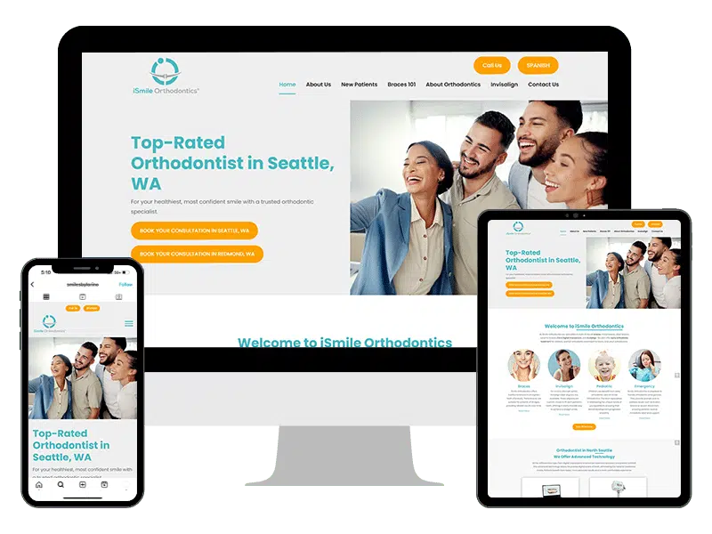 Modern responsive website layout on a smartphone highlighting the benefits of a good website design for orthodontic practices