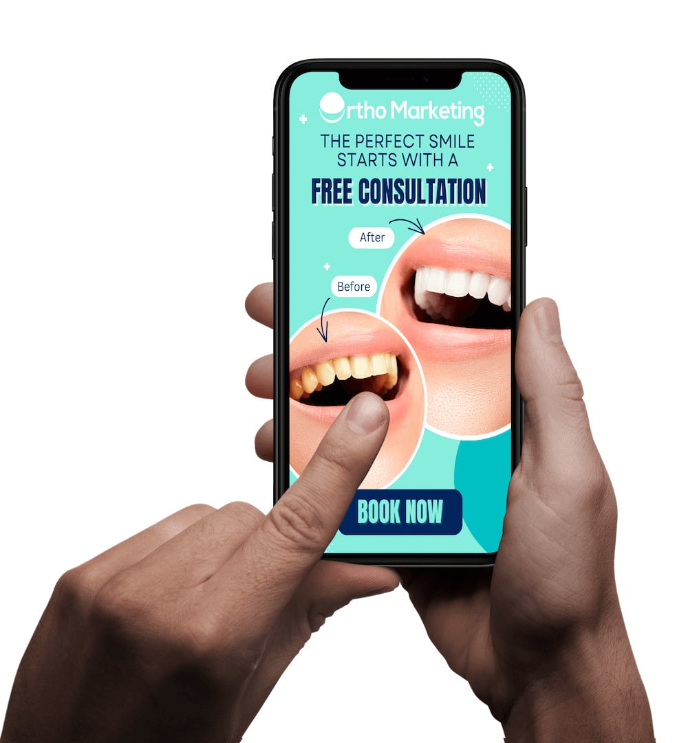 Mobile phone displaying a dental clinic interface illustrating the benefits of responsive website design for orthodontic practices