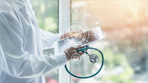 Healthcare professional using digital interface representing ai local seo and data-driven local optimization