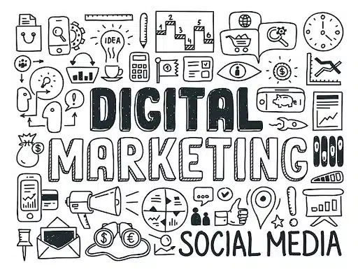 Digital marketing doodle illustration showing icons for social media for orthodontists and online patient engagement