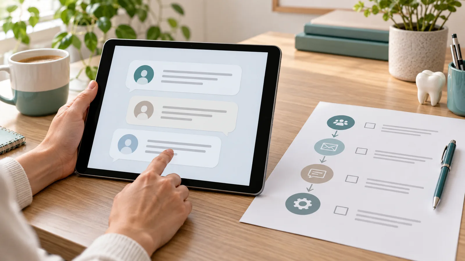 Tablet with neutral feedback bubbles beside a review workflow checklist.