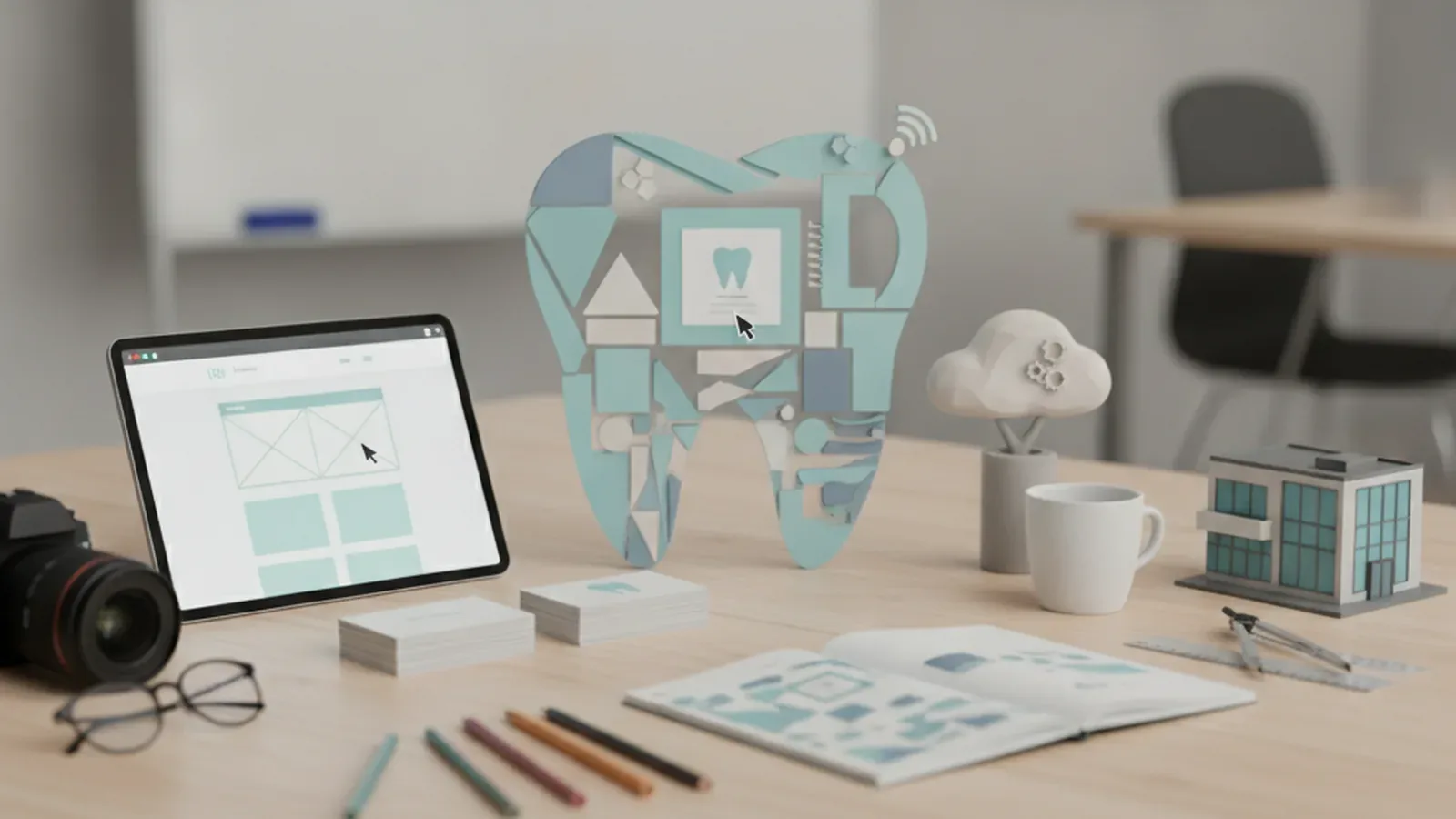 Dental brand planning workspace with a website layout and visual design materials.