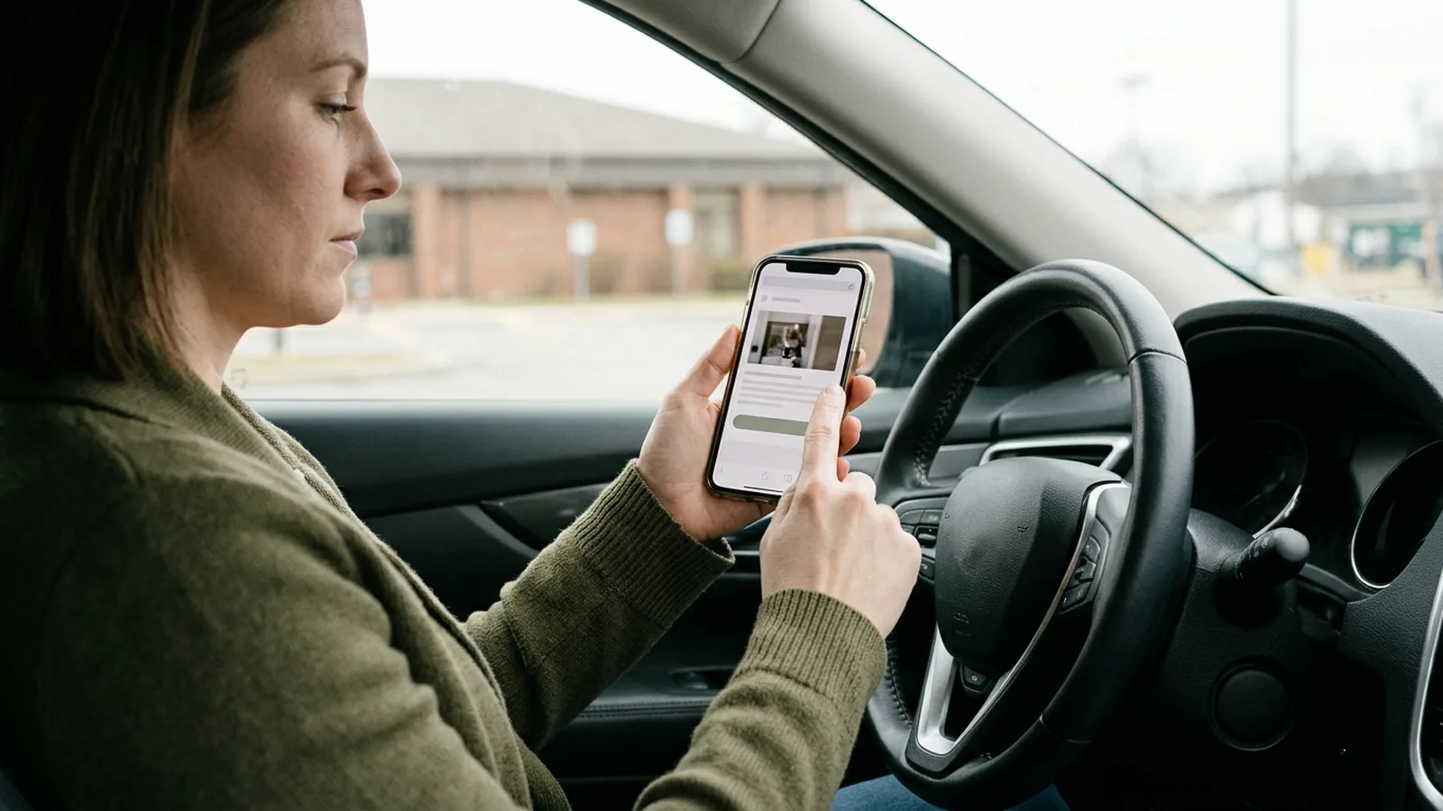 Woman in a parked car viewing a dental practice's mobile webpage on her phone