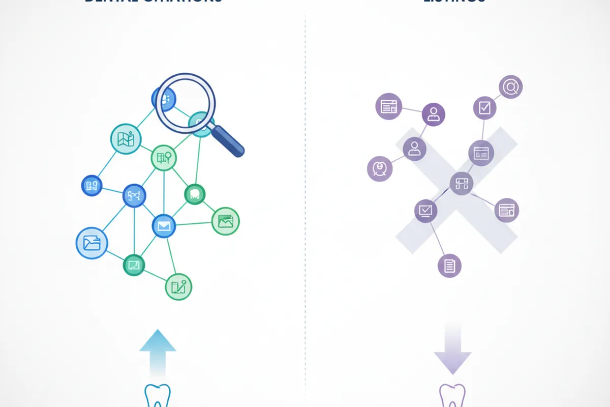 An explanatory diagram illustrating High-Value Dental Citations vs. Vanity Listings
