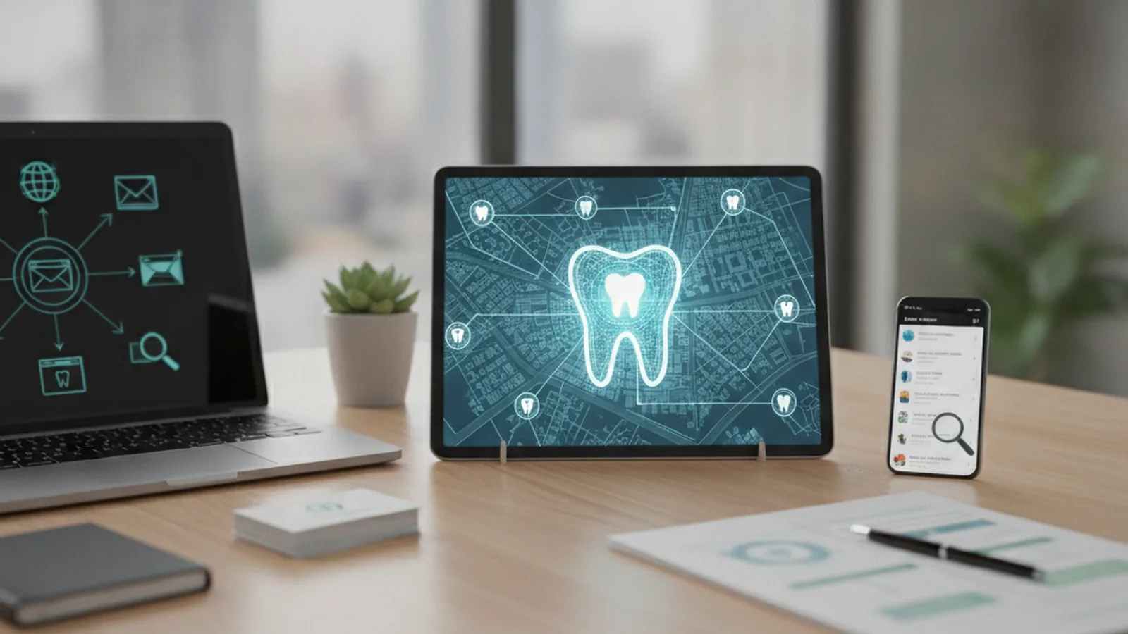 Editorial view of objects and tools related to Build Dental Practice Authority Through Strategic Backlinks and Local.