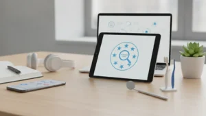 Tablet displaying feedback symbols on a dental reputation management workspace.