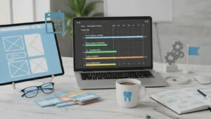 Editorial view of objects and tools related to Website Development Timeline and Milestones for Dental Practice Launch