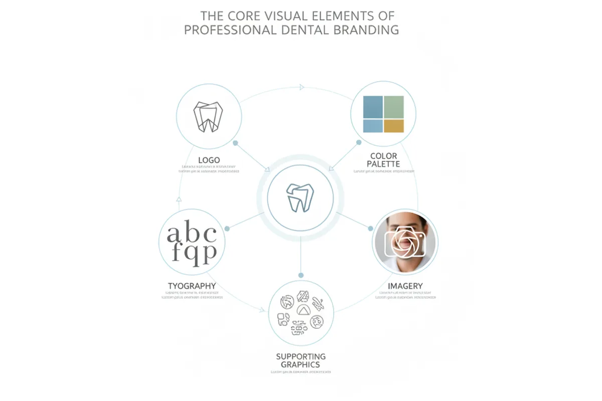 Editorial diagram showing five core visual branding elements.