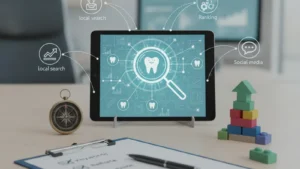 Editorial view of objects and tools related to SEO Strategies to Attract New Dental and Orthodontic Patients