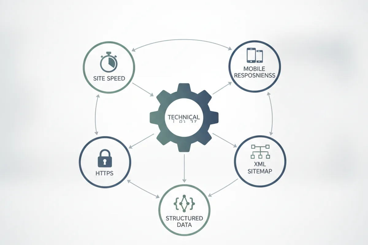 Diagram showing technical SEO components (site speed, mobile responsiveness, HTTPS, XML sitemap, structured data).