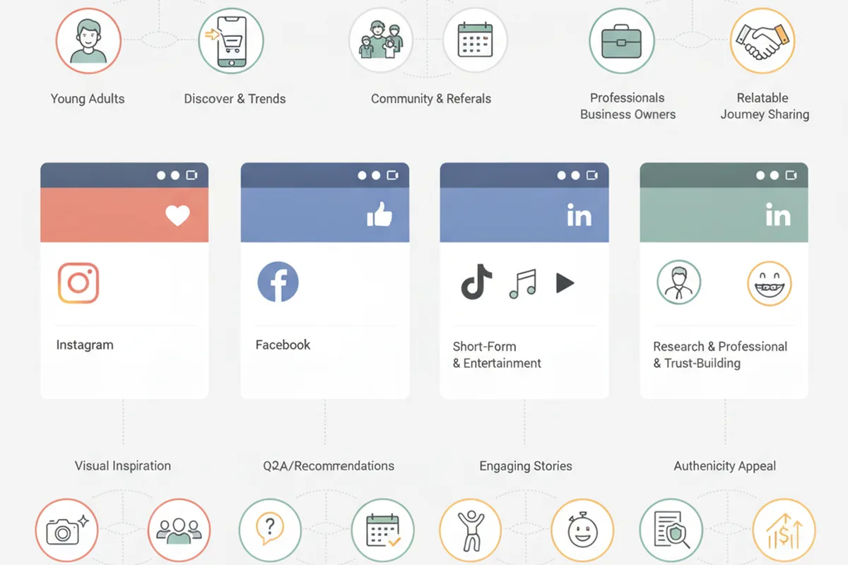Comparison infographic showing Instagram, Facebook, TikTok, and LinkedIn interface elements.